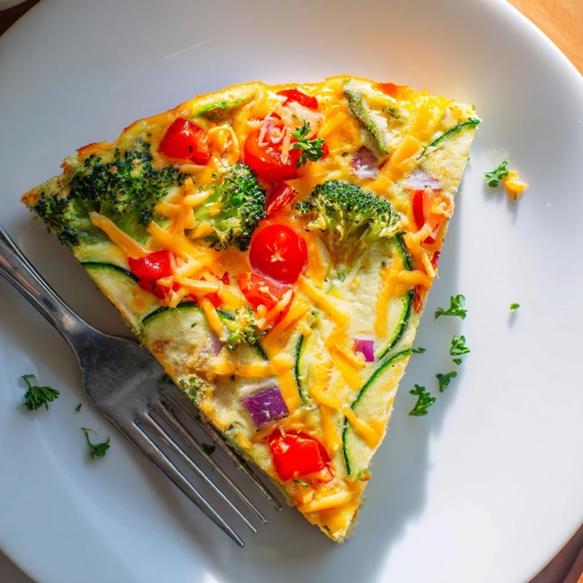 Freshly baked Vegetable Frittata in a skillet, featuring fluffy eggs mixed with diced broccoli, bell peppers, and melted cheddar cheese.  