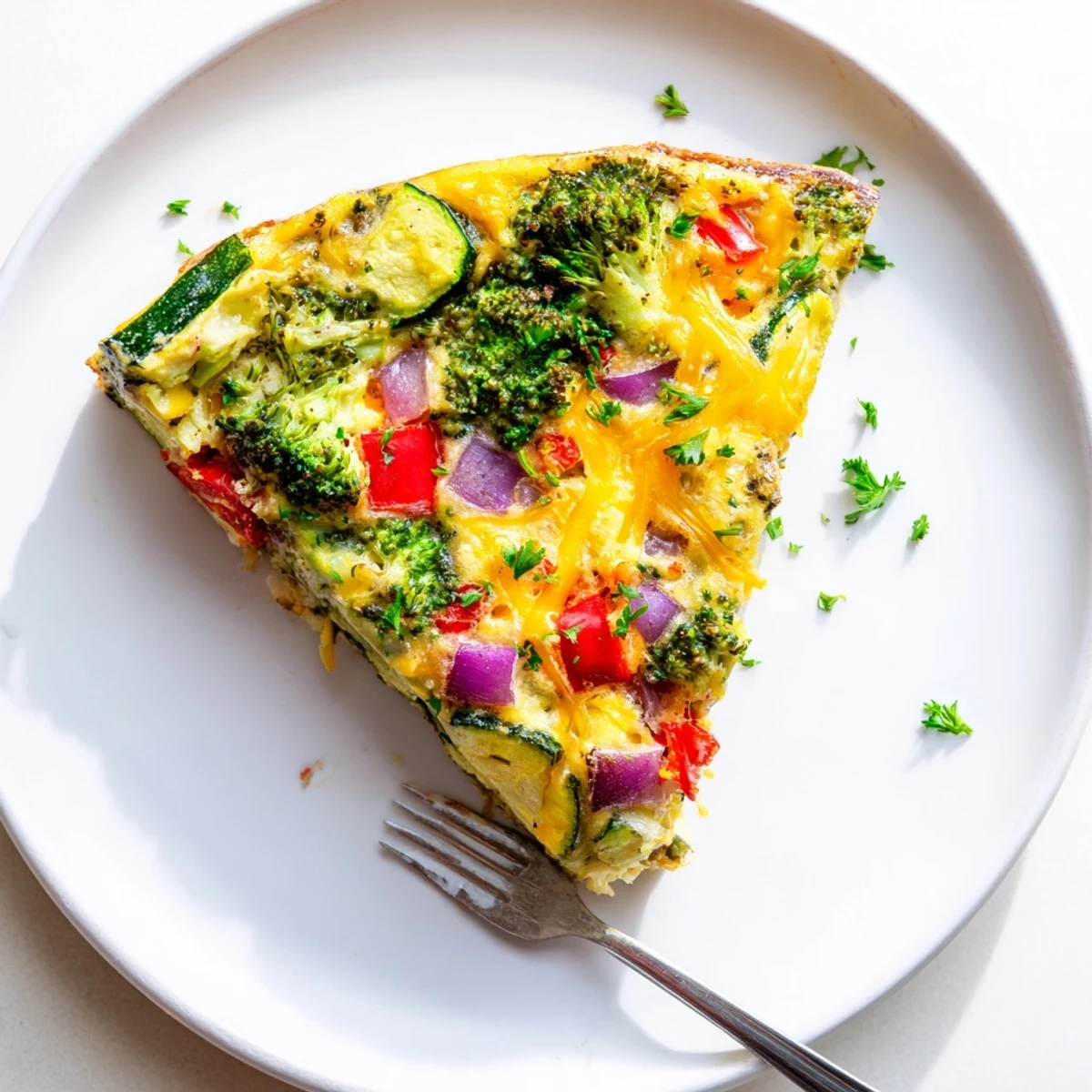 The completed Vegetable Frittata showcases colorful sautéed vegetables like zucchini and cherry tomatoes encased in a savory baked egg base.