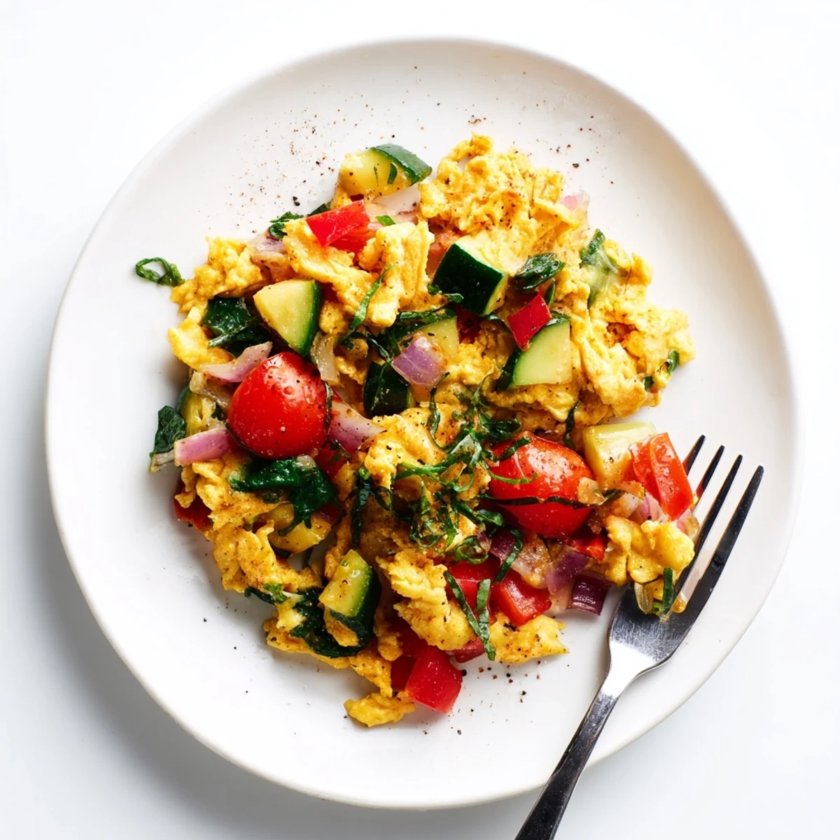 A freshly made egg and vegetable scramble topped with fresh herbs for breakfast.