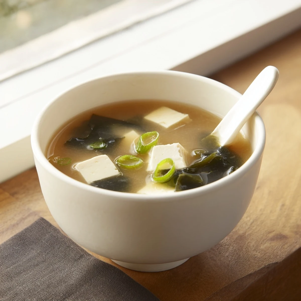 A comforting bowl of Miso Soup With Tofu, featuring soft tofu and seaweed in a rich, umami broth.