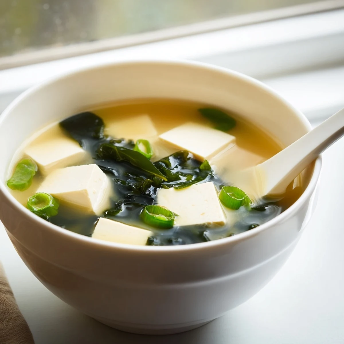 Miso Soup With Tofu simmering gently, with silken tofu cubes and rehydrated wakame in a golden dashi-based broth.