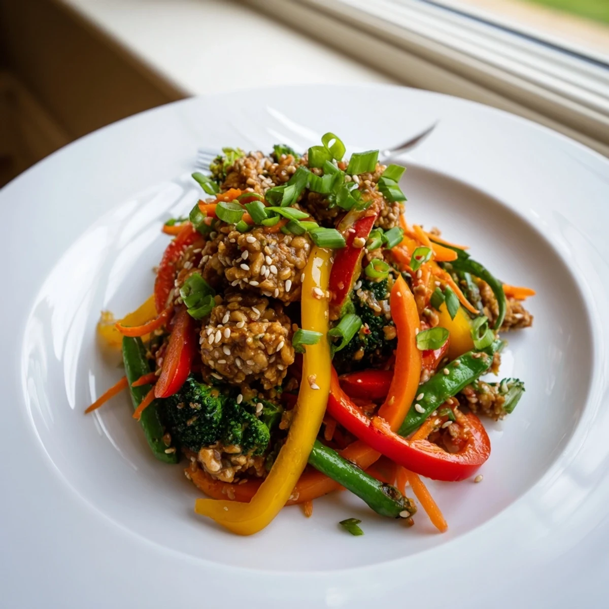 A close-up of vibrant vegetable tempeh stir-fry with colorful bell peppers, broccoli, and golden tempeh cubes glistening in a glossy sauce.