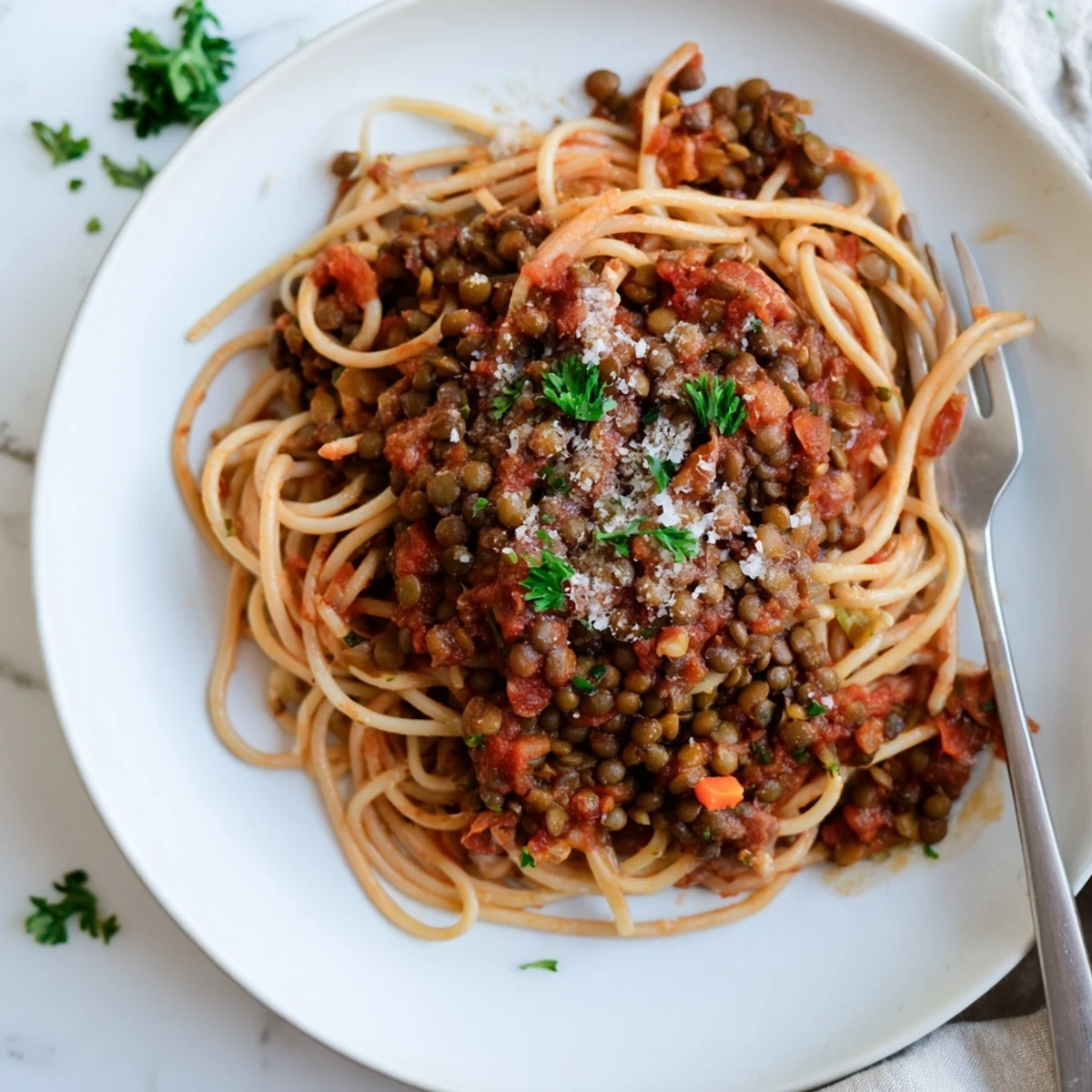 A close-up of thick Lentil Bolognese sauce generously coating strands of spaghetti, garnished with fresh basil leaves and grated Parmesan.