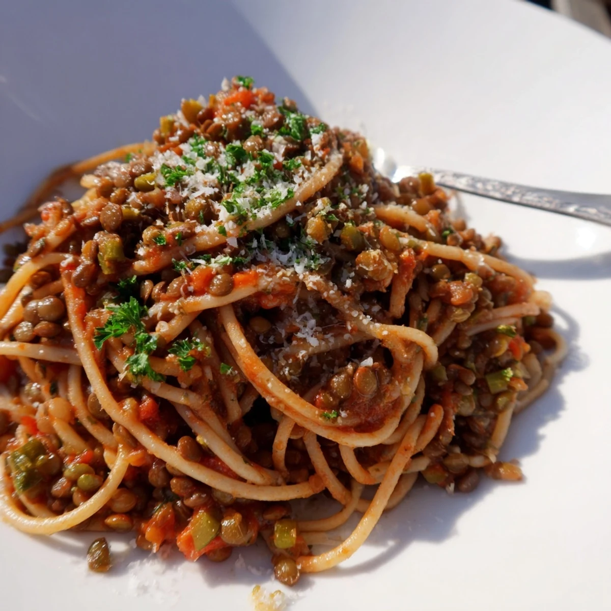 Earthy brown lentils simmer in a rich tomato sauce, served over al dente spaghetti for a hearty vegetarian meal.