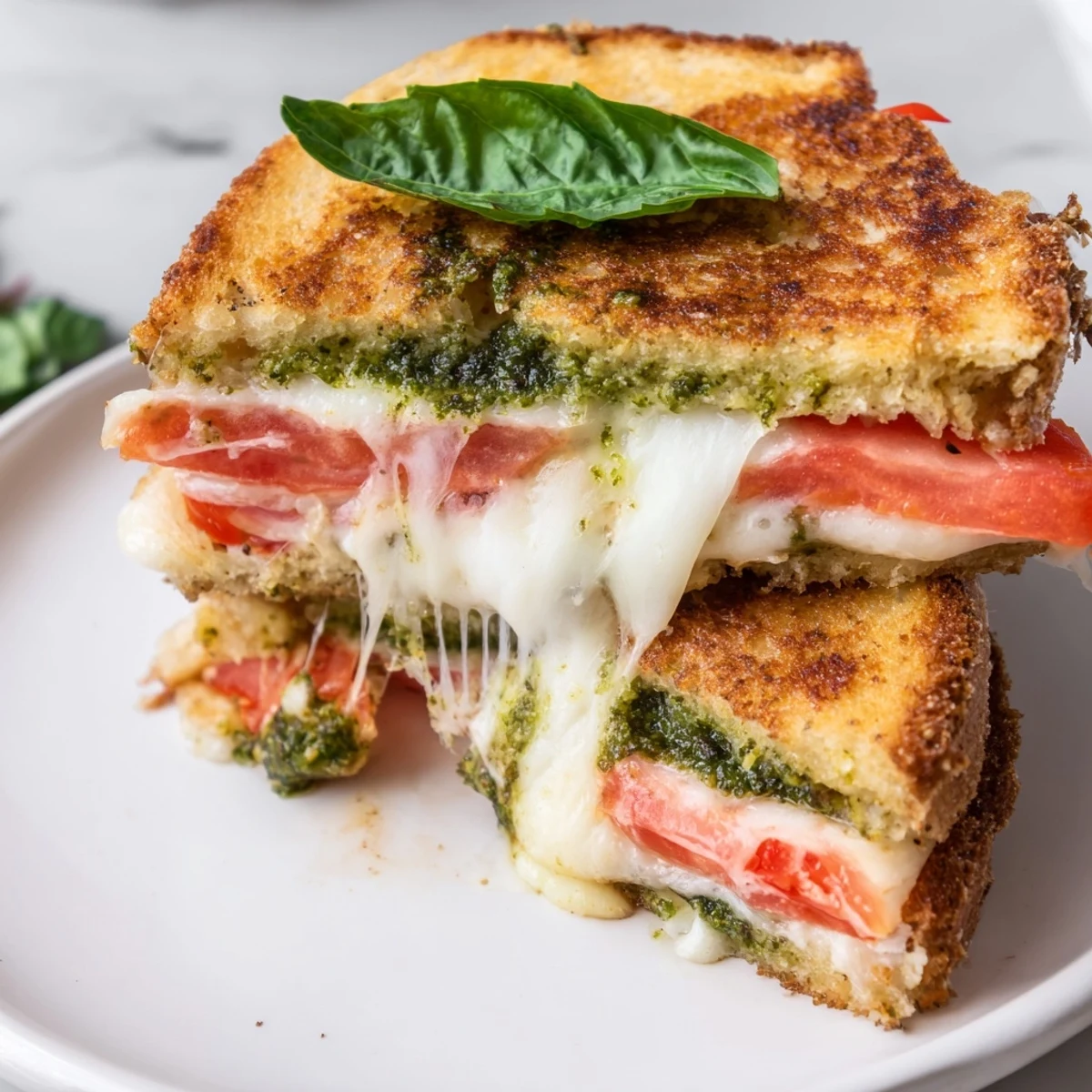 Close-up of a golden, crispy Caprese Pesto Grilled Cheese sandwich, layered with melted mozzarella and ripe tomato slices.