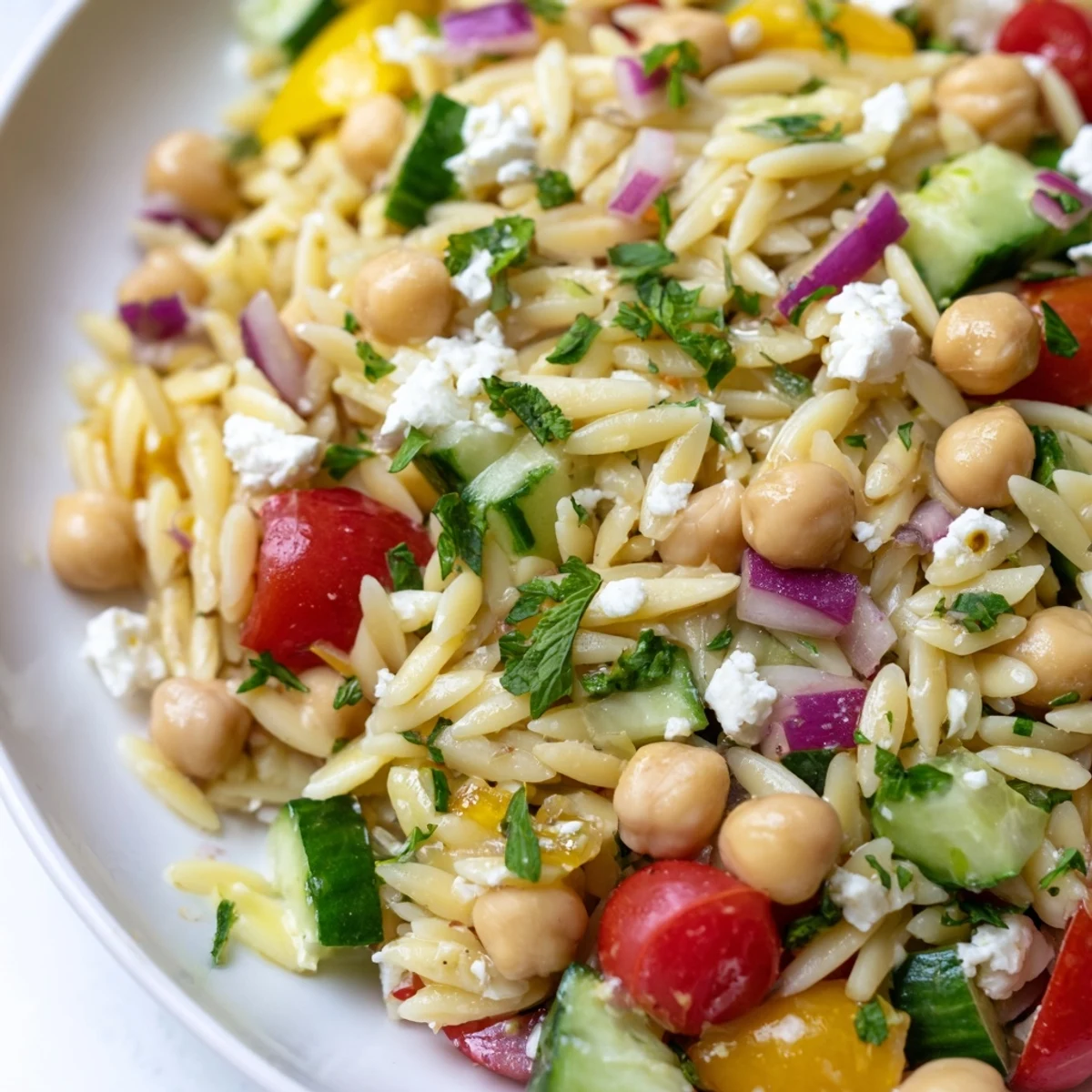 Bright and fresh Lemony Chickpea Orzo Salad in a white bowl, featuring tender orzo pasta, protein-rich chickpeas, diced cucumber, halved cherry tomatoes, and crumbled feta cheese tossed in a vibrant lemon vinaigrette.