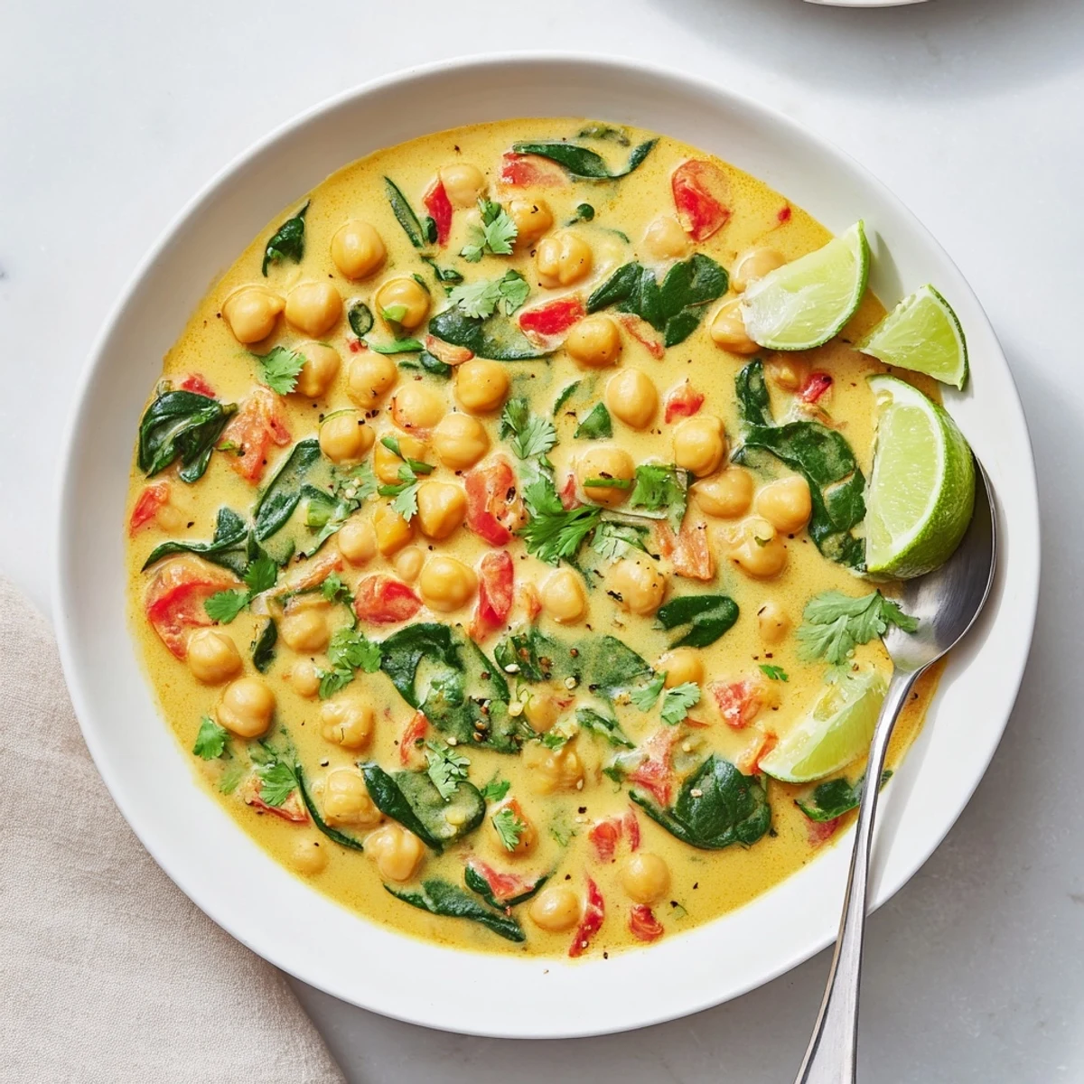A steaming bowl of Chickpea Curry, with tender chickpeas and vibrant spinach in a rich, golden coconut milk sauce, topped with fresh cilantro.