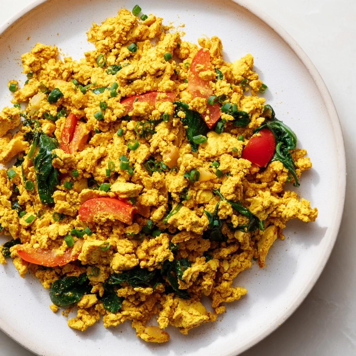 Freshly cooked tofu scramble with vegetables and spices, steam rising slightly, ready to enjoy as a flavorful plant-based breakfast dish.