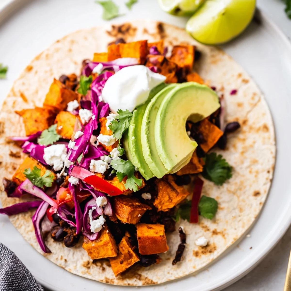 Golden roasted sweet potato and black bean tacos topped with avocado and cabbage, garnished with lime wedges on a rustic table.
