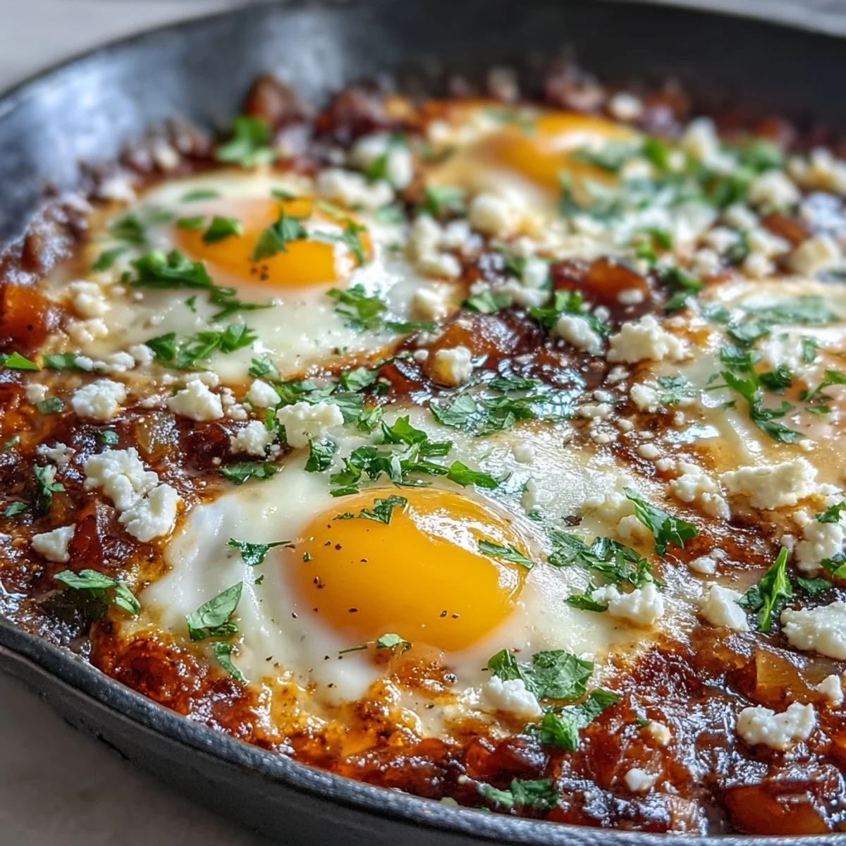 Hearty Shakshuka, a flavorful tomato and pepper stew with soft eggs.