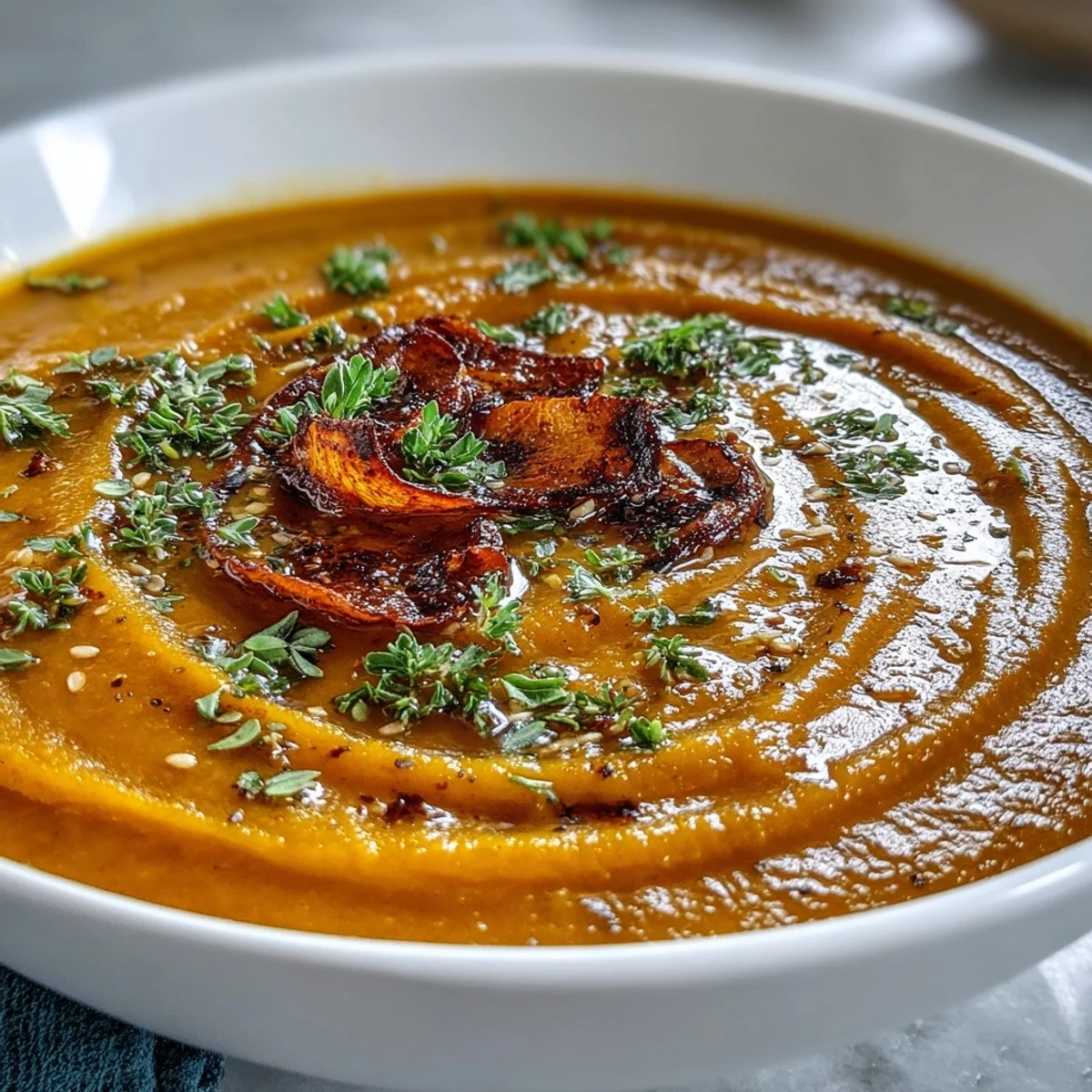 Roasted Vegetable Soup is velvety and smooth, garnished with fresh parsley and croutons in a rustic bowl.
