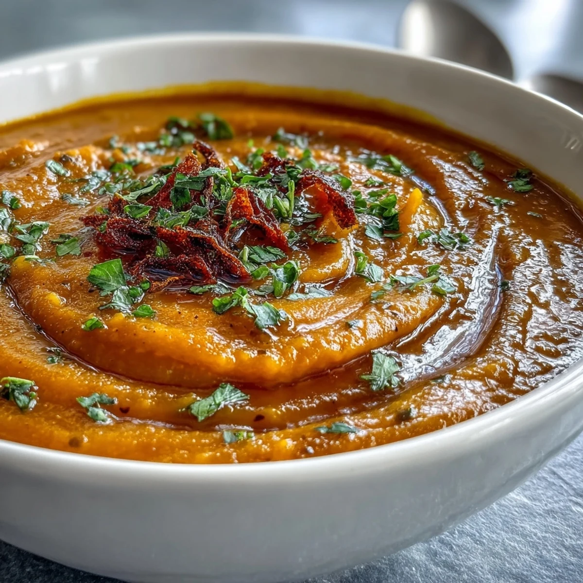 A bowl of Roasted Vegetable Soup shows its silky texture and a drizzle of olive oil garnish.