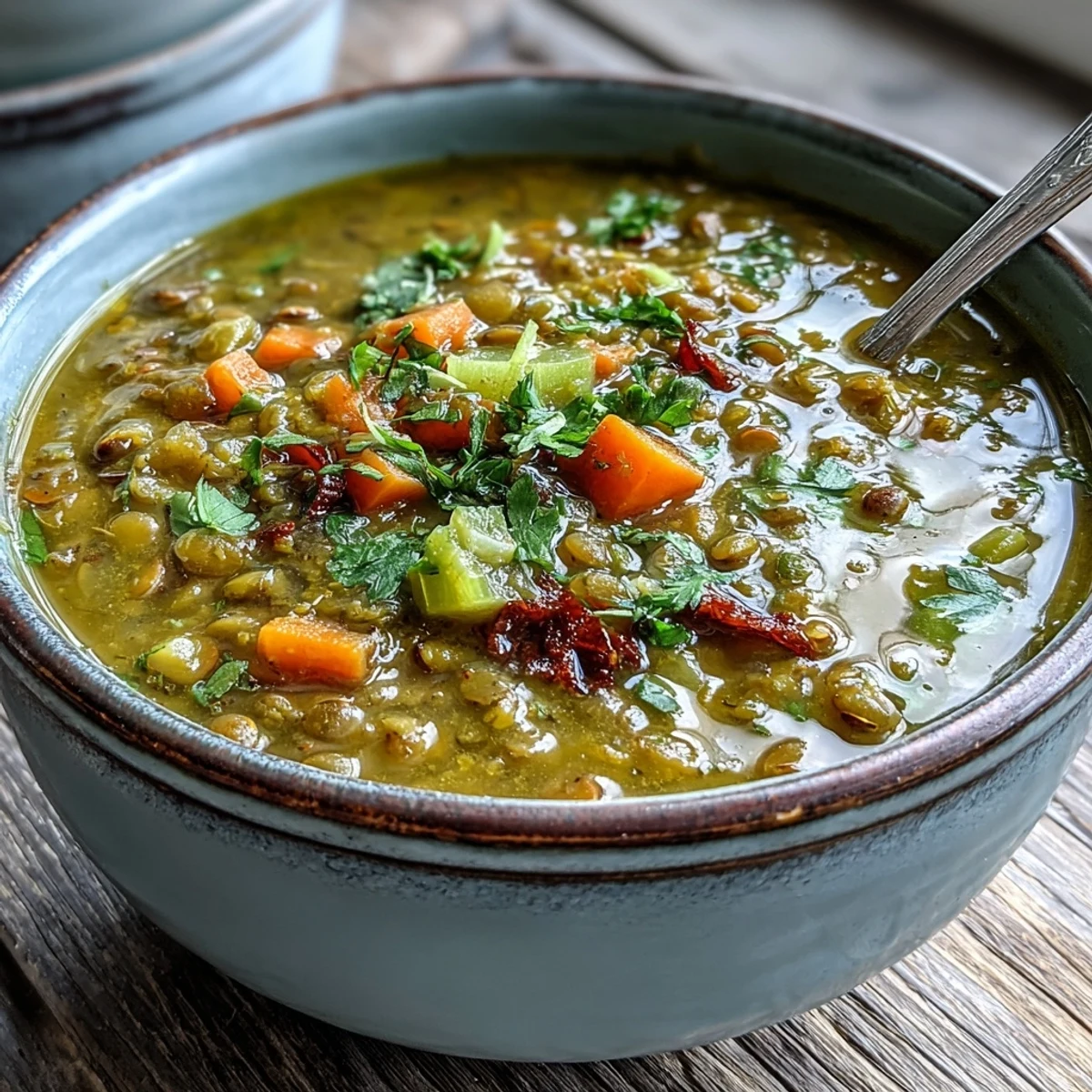 Steamy bowl of homemade Mung Bean Soup topped with fresh cilantro and a lemon wedge, served alongside warm naan bread.