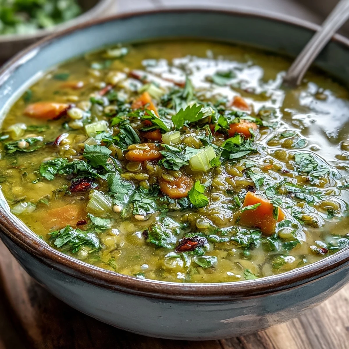 Traditional Indian Mung Bean Soup garnished with cilantro, ready to be enjoyed with steamed rice for a nourishing meal.