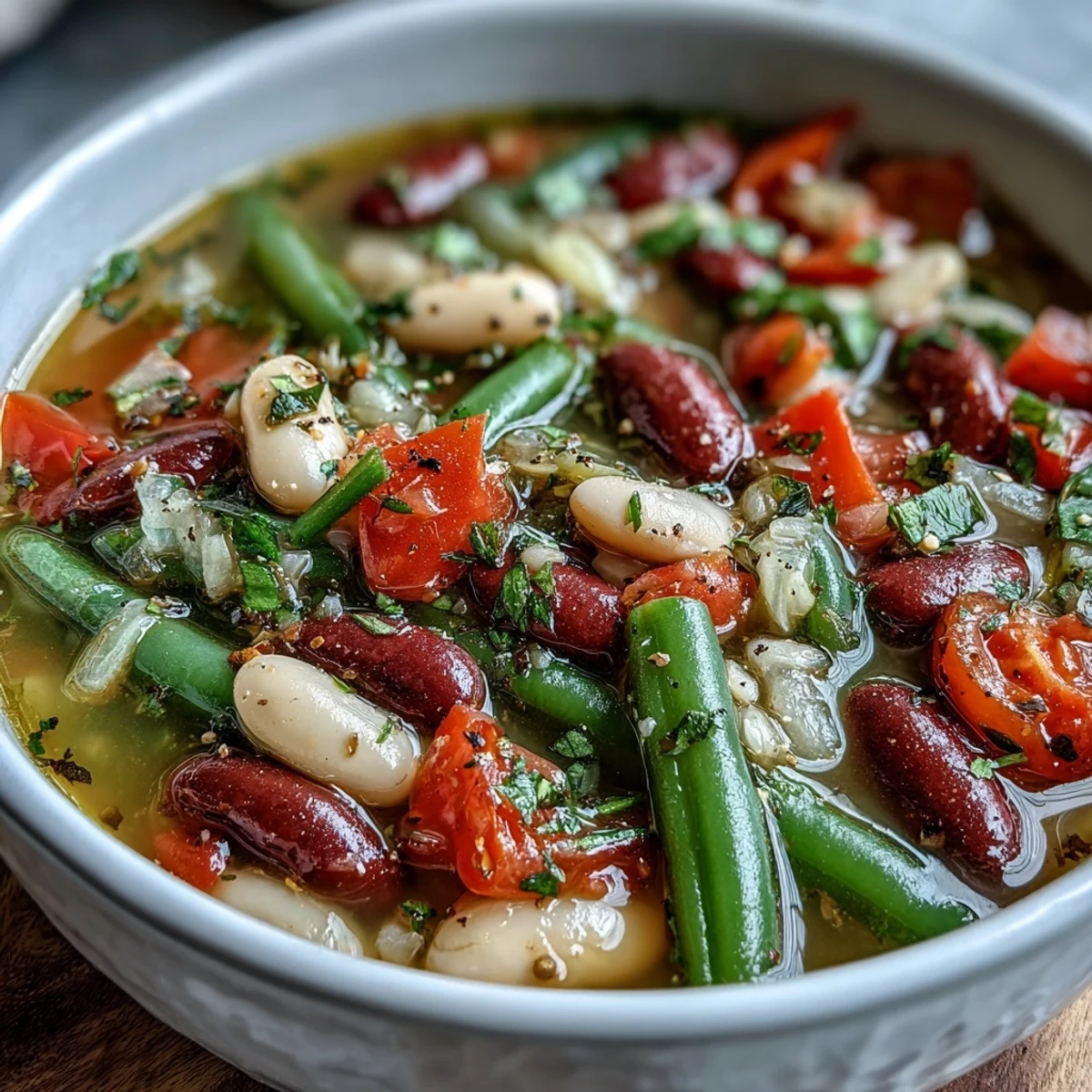 Hearty Three-Bean Salad Soup ladled into a white ceramic bowl, perfect with crusty bread for a satisfying vegetarian dinner.