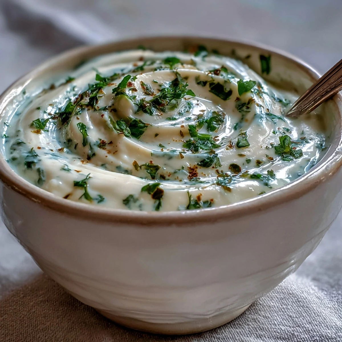 Creamy Celery and Herb Soup in a white bowl, swirled with heavy cream and fresh herbs, served alongside crusty bread.