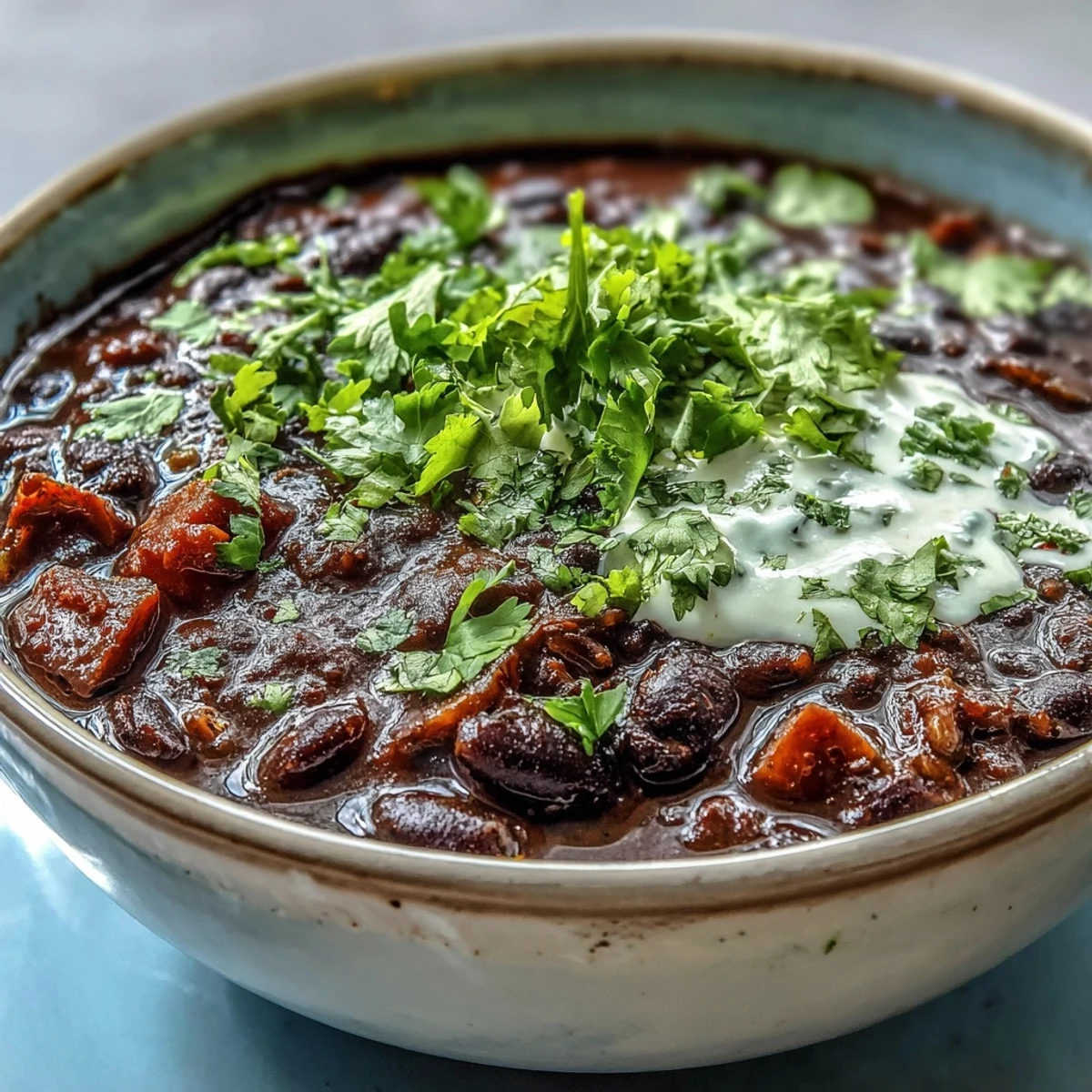 Creamy Black Bean Soup with lime and avocado garnish, simmered with cumin and paprika for a hearty vegan meal.