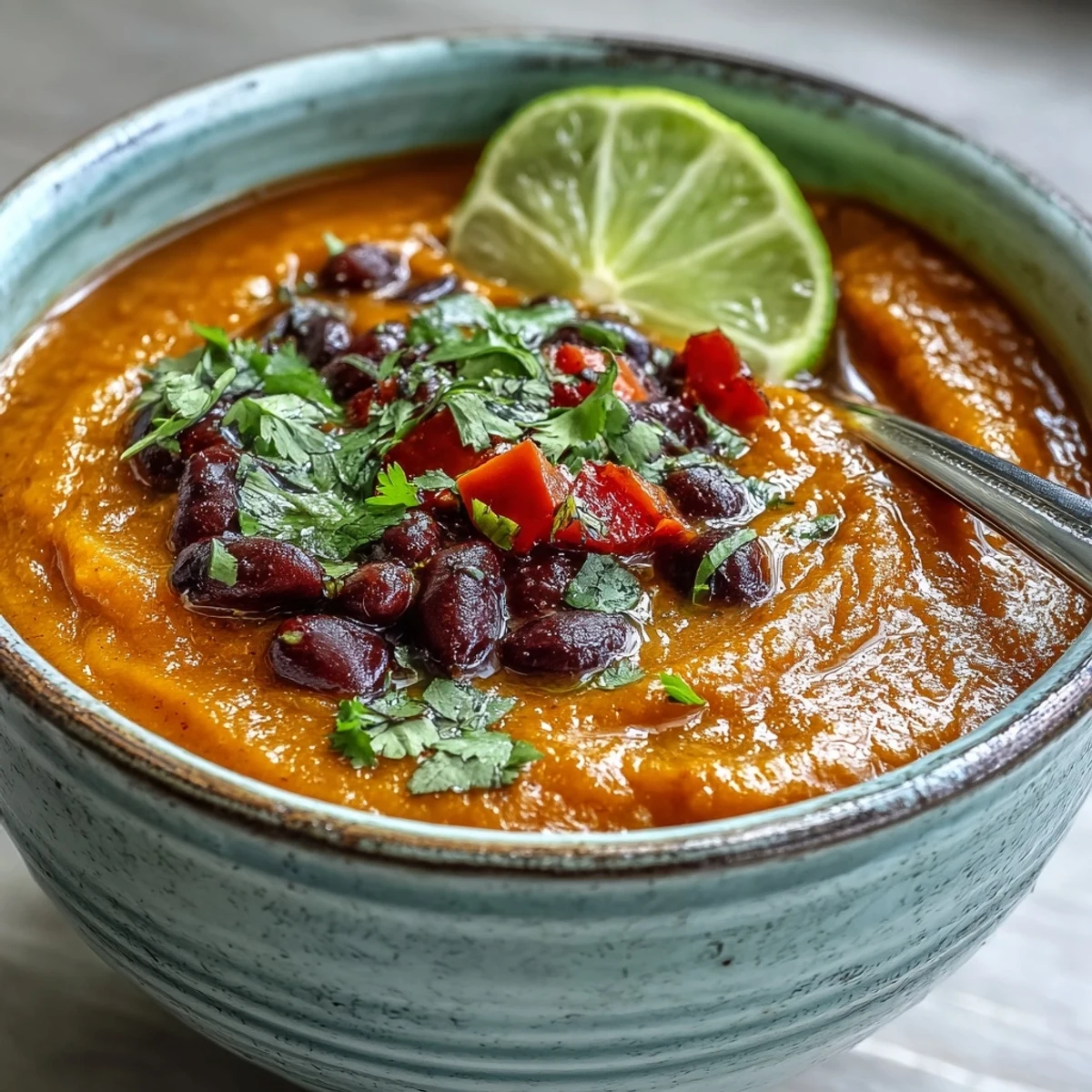 A hearty bowl of Sweet Potato and Black Bean Soup topped with avocado and fresh herbs. 