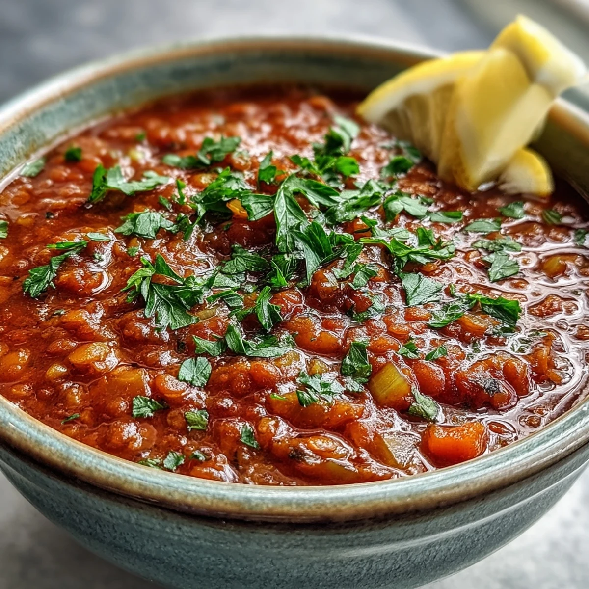 Tomato Lentil Soup in a rustic bowl with a swirling spoonful over steam and chopped parsley garnish.
