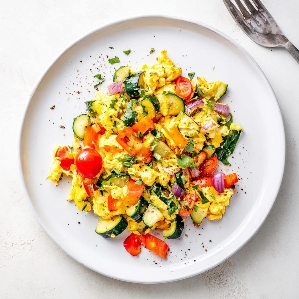 Fluffy scrambled eggs with colorful bell peppers and zucchini in a skillet.
