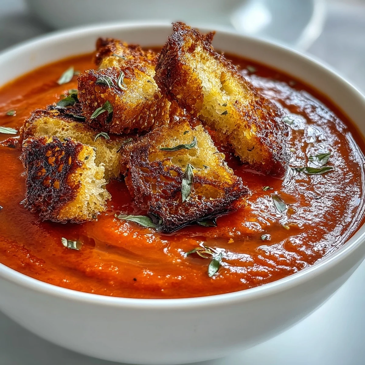 A close-up of creamy Roasted Red Pepper Soup with crispy croutons, highlighting the velvety texture and deep red color of the purée.
