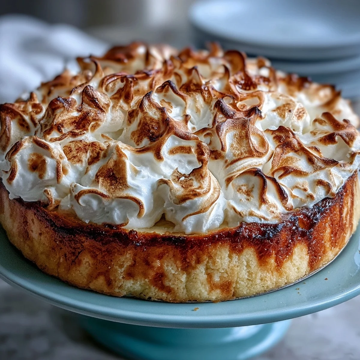 Freshly baked Lemon Meringue Pie with a crisp golden crust, served beside a pitcher of iced tea.