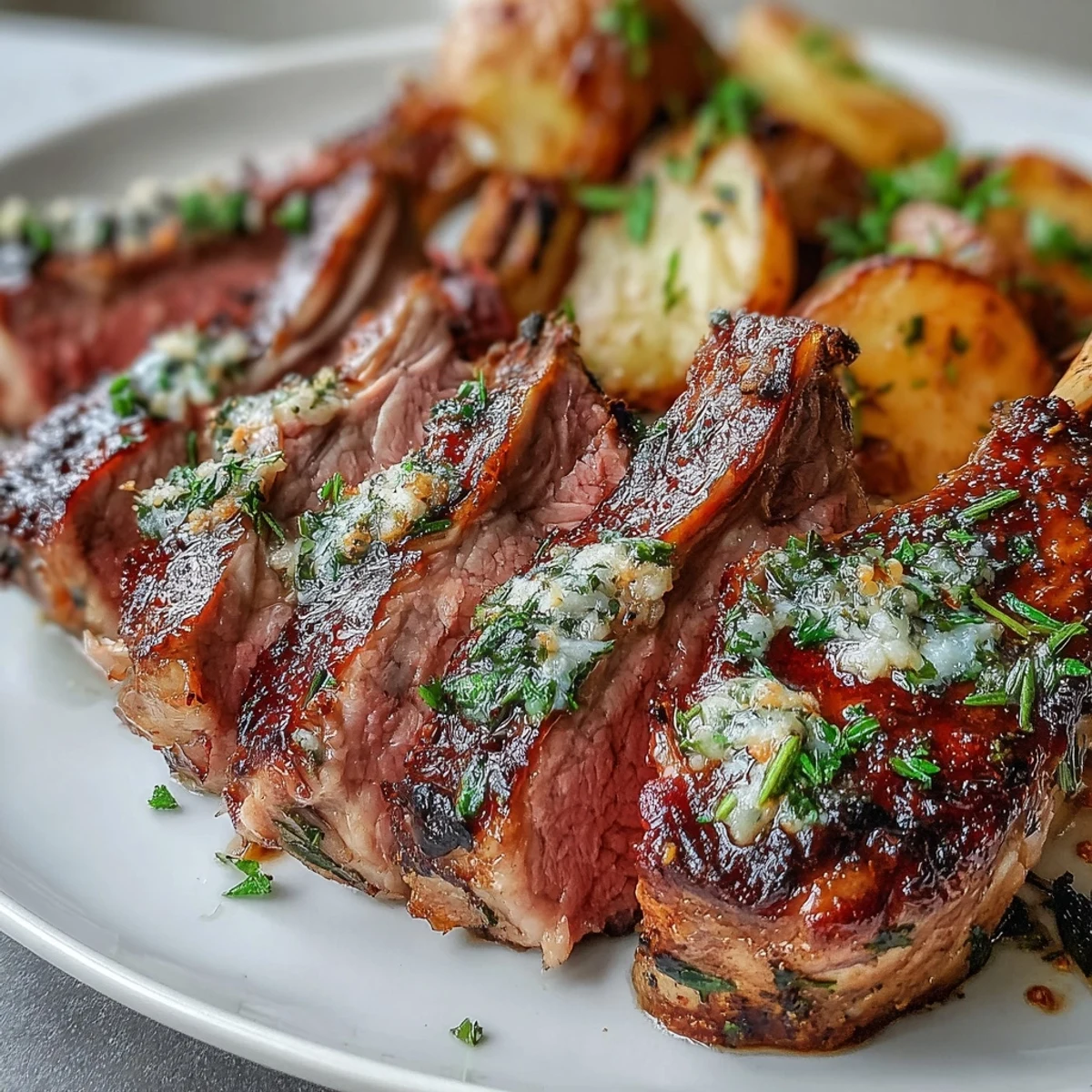 Freshly roasted One-Pan Roast Rack of Lamb and Green Olive Potatoes on a baking tray, garnished with lemon zest and parsley for a Mediterranean-style meal.