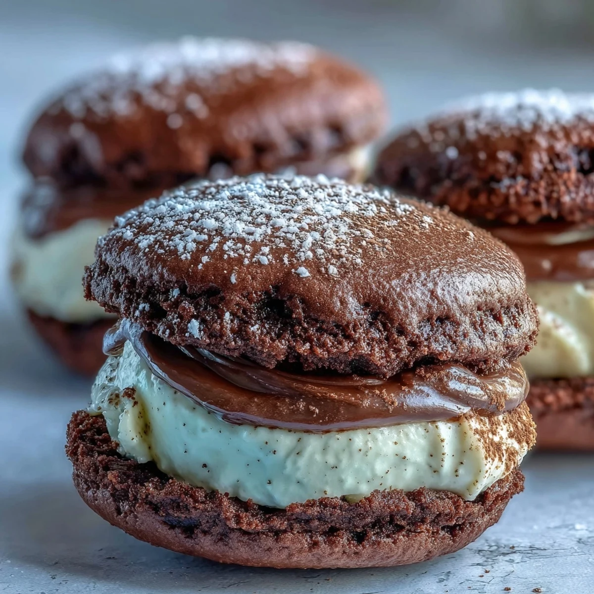 Tiramisu Whoopie Pies feature soft chocolate cookies and rich coffee mascarpone cream, dusted with cocoa powder.