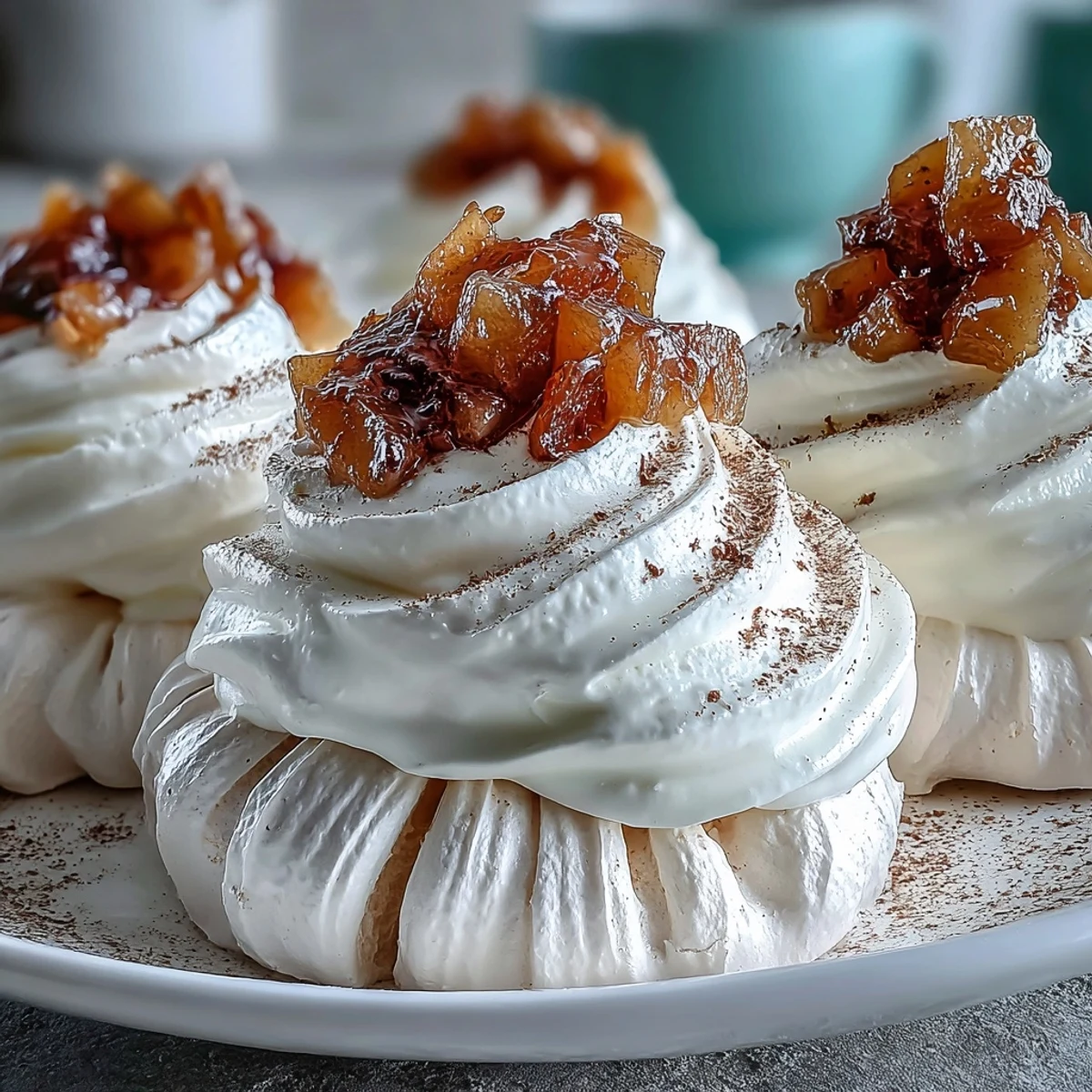 Mini Hot Toddy Pavlovas with crisp meringue, spiced poached pears, and whipped cream on a plate.