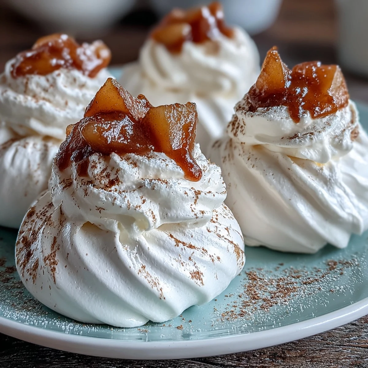A trio of Mini Hot Toddy Pavlovas, each topped with bourbon-soaked pears and a dusting of cinnamon.