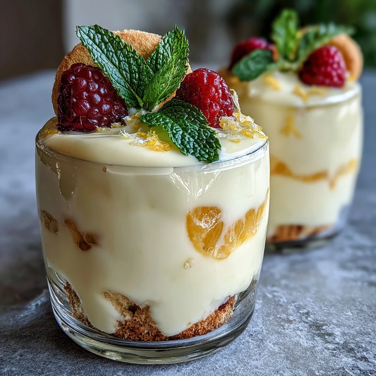 Creamy lemon fool dessert in glass cups topped with lemon zest and fresh berries.