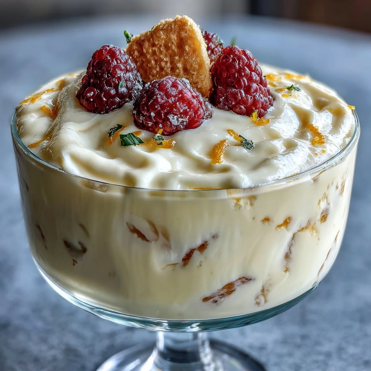 Chilled lemon fool in a serving bowl, garnished with lemon zest and blueberries for a refreshing finish.