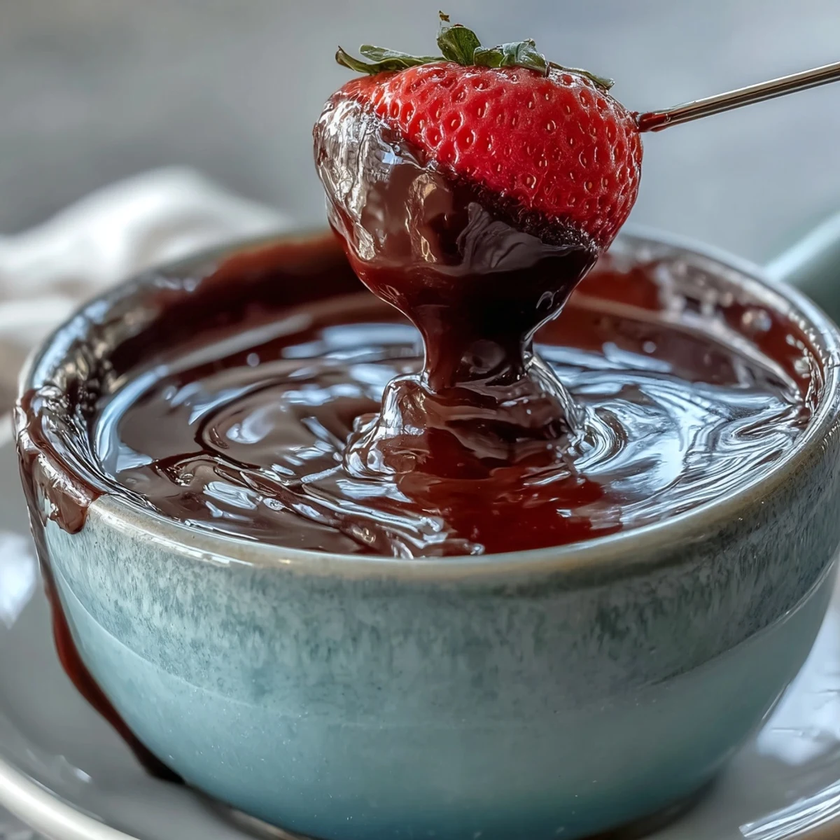 Steaming Boozy Chocolate Fondue bubbling in a fondue pot, surrounded by fresh strawberries, apple wedges, marshmallows, and pound cake cubes for dipping.