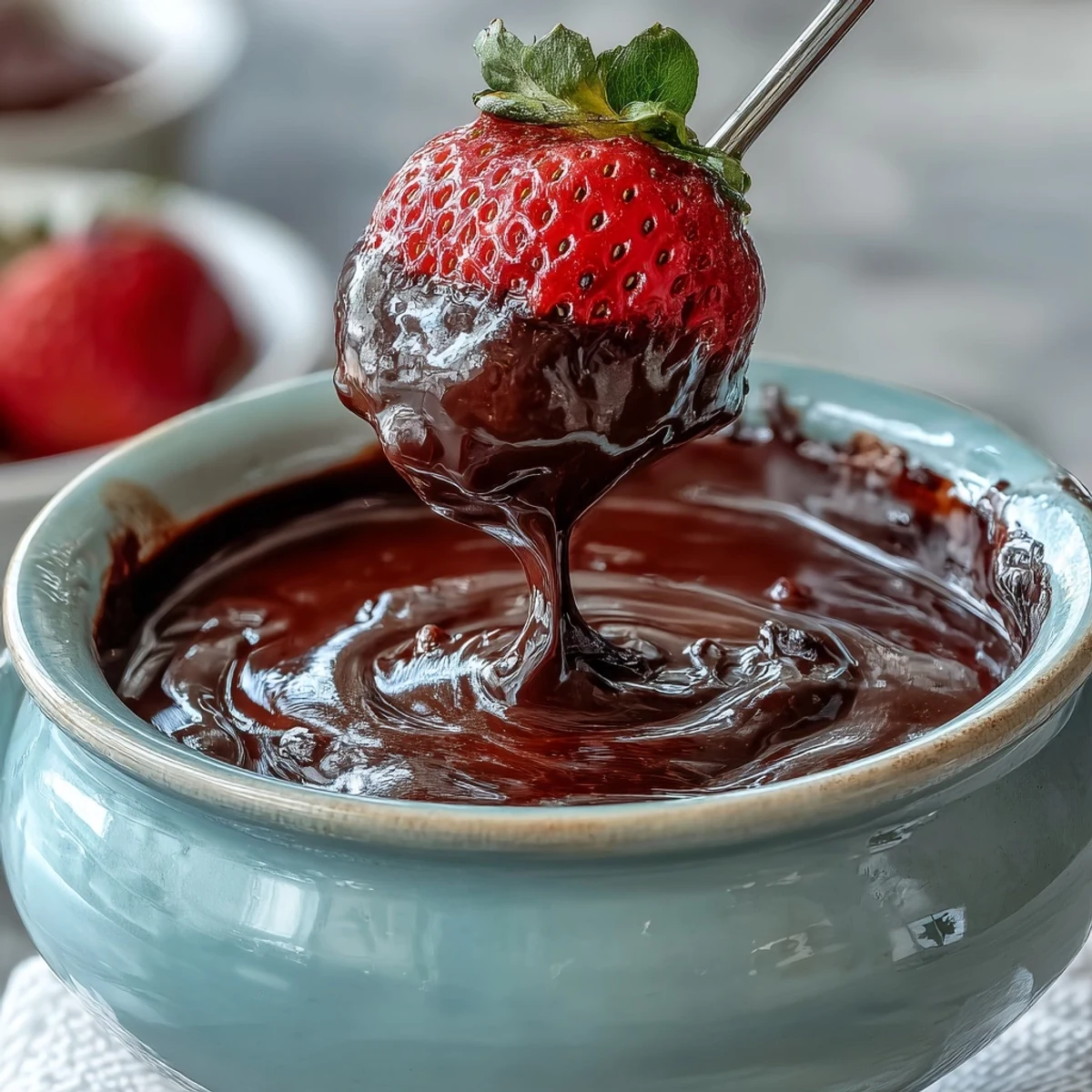 Decadent Boozy Chocolate Fondue being scooped onto a piece of pound cake, with strawberries and champagne glasses on a romantic date night table.