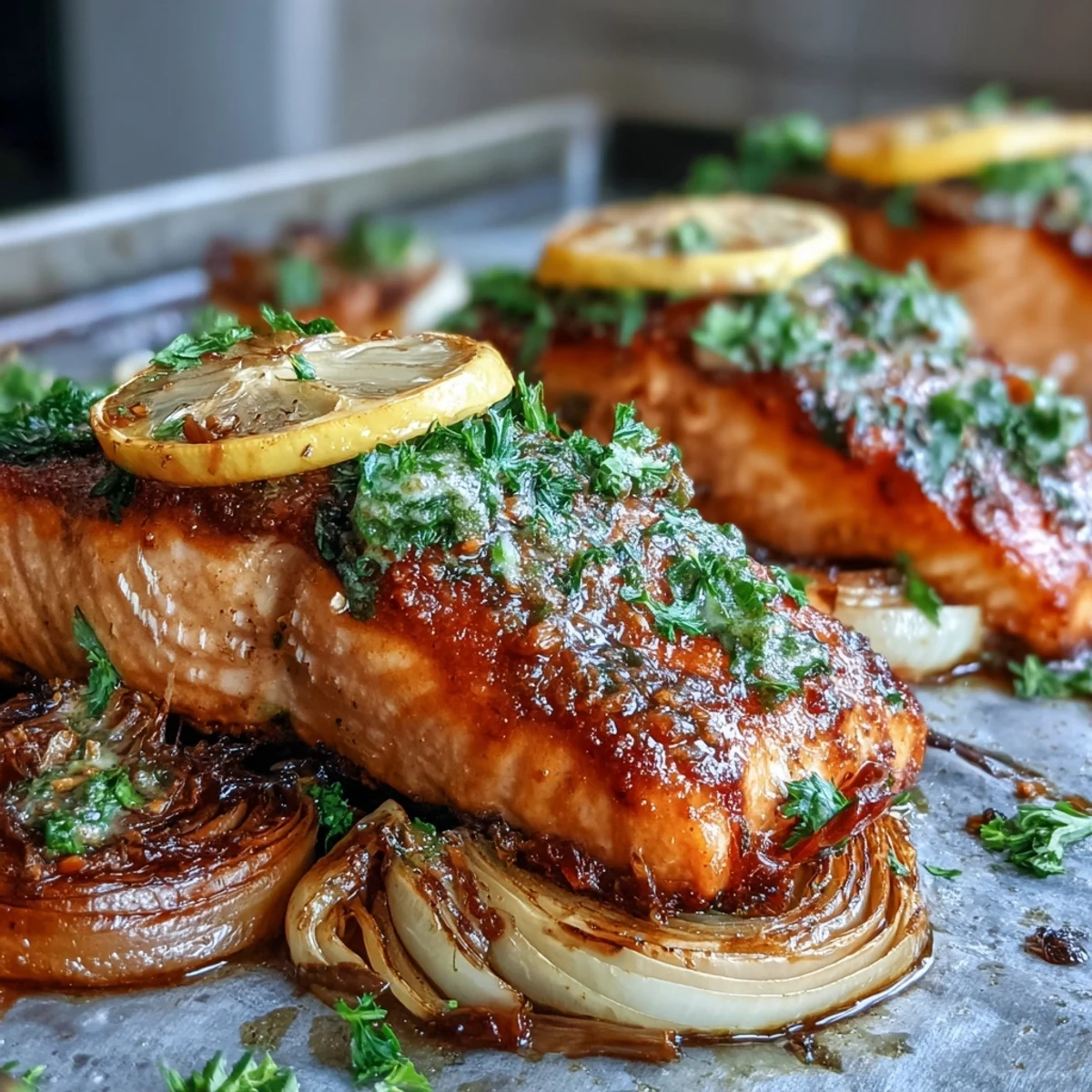 Freshly prepared One-Pan Roast Salmon with leeks and onions on a white ceramic platter, ready to serve.