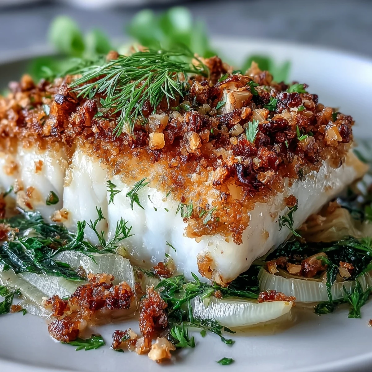 Golden-baked halibut fillets with roasted fennel and a crunchy walnut pangrattato topping.