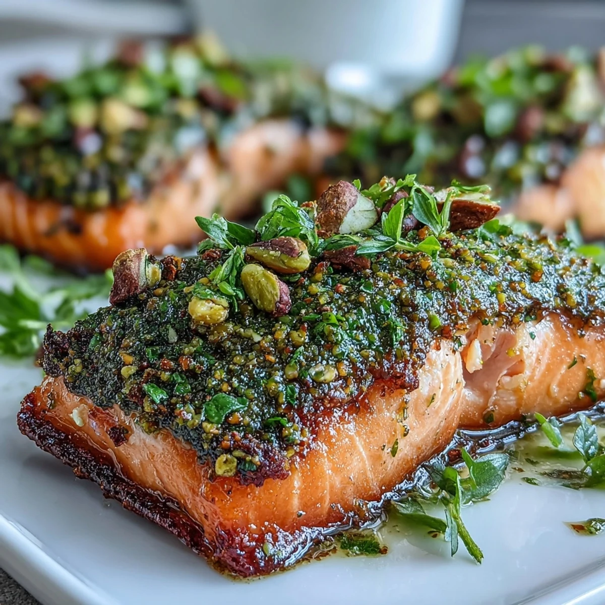Confit Salmon With Tahini, Pistachio and Herb Crust, served warm with fresh lemon wedges and a drizzle of olive oil.