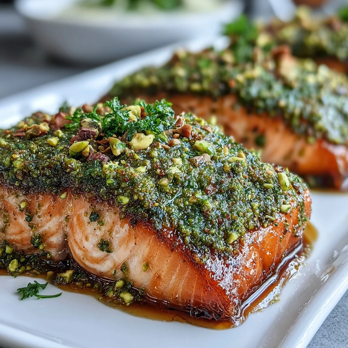 Perfectly poached Confit Salmon With Tahini, Pistachio and Herb Crust on a plate, ready to enjoy with a crisp salad.