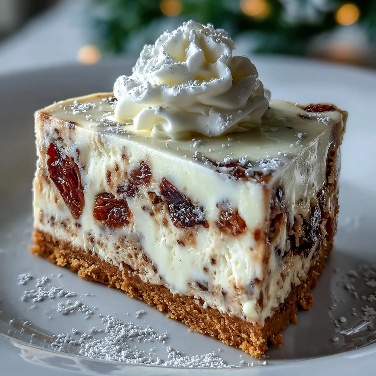 A rich slice of Christmas Cheesecake Slab reveals spiced cream cheese and bright dried fruit pieces.