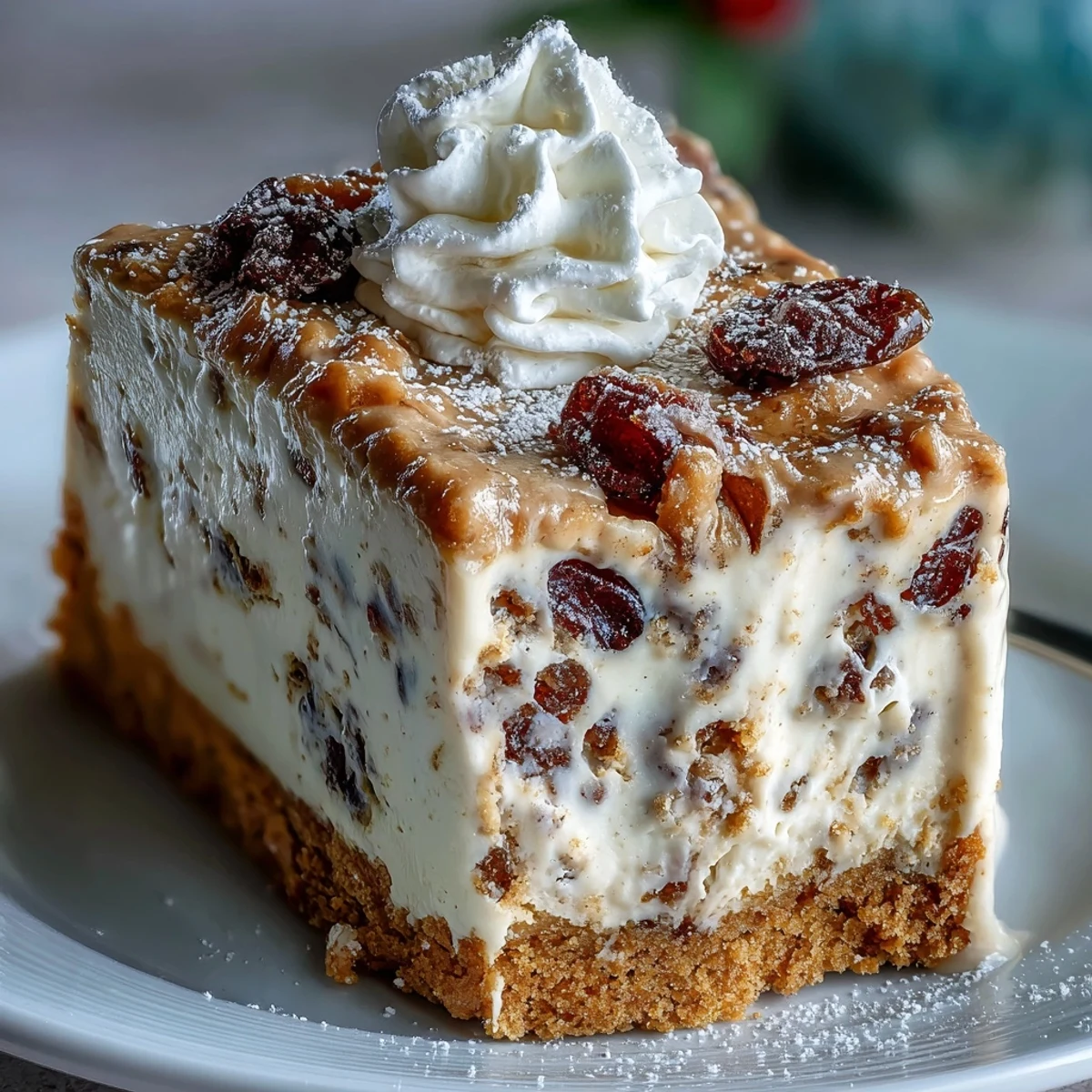 Christmas Cheesecake Slab served with whipped cream dollops and a dusting of powdered sugar for festive celebrations.