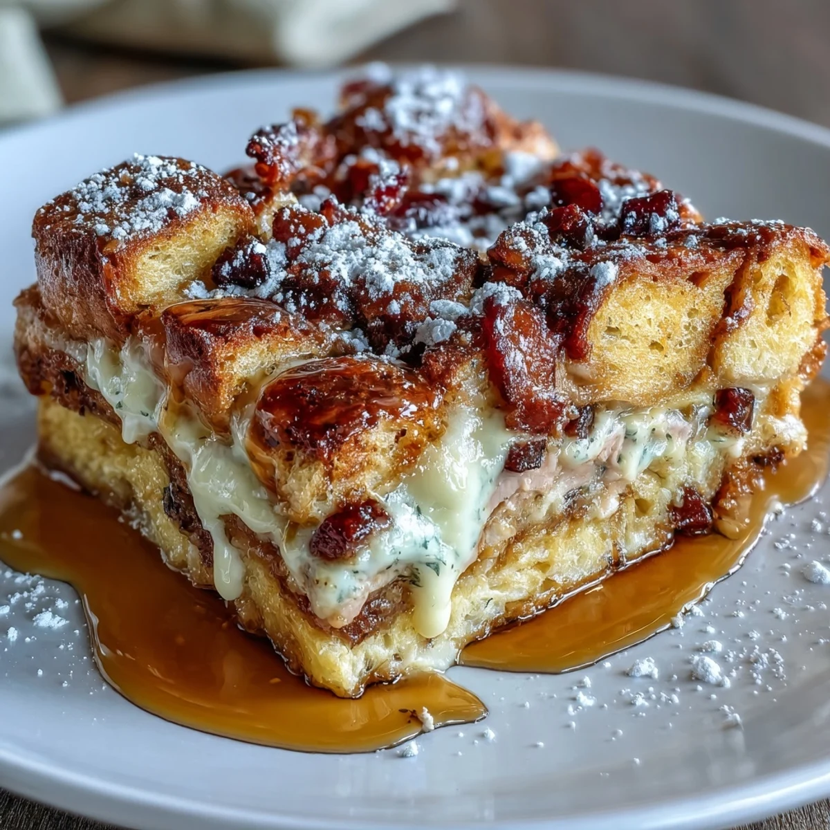 A plated slice of Monte Cristo Breakfast Casserole drizzled with maple syrup and berries.