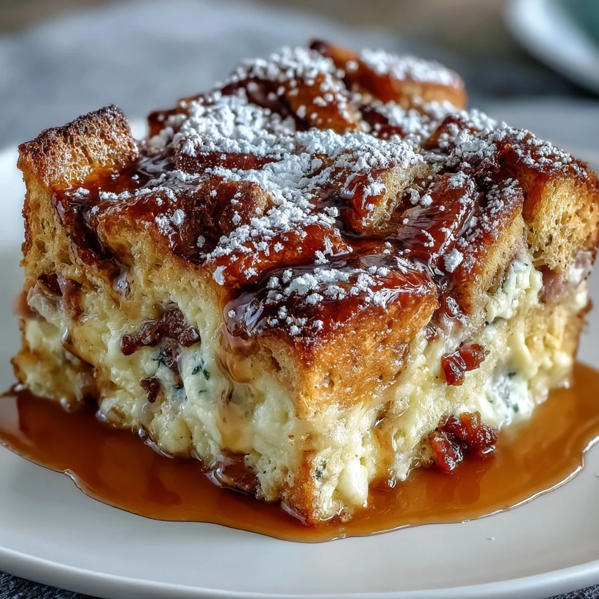Monte Cristo Breakfast Casserole served warm, revealing layers of ham, turkey, and Swiss cheese.