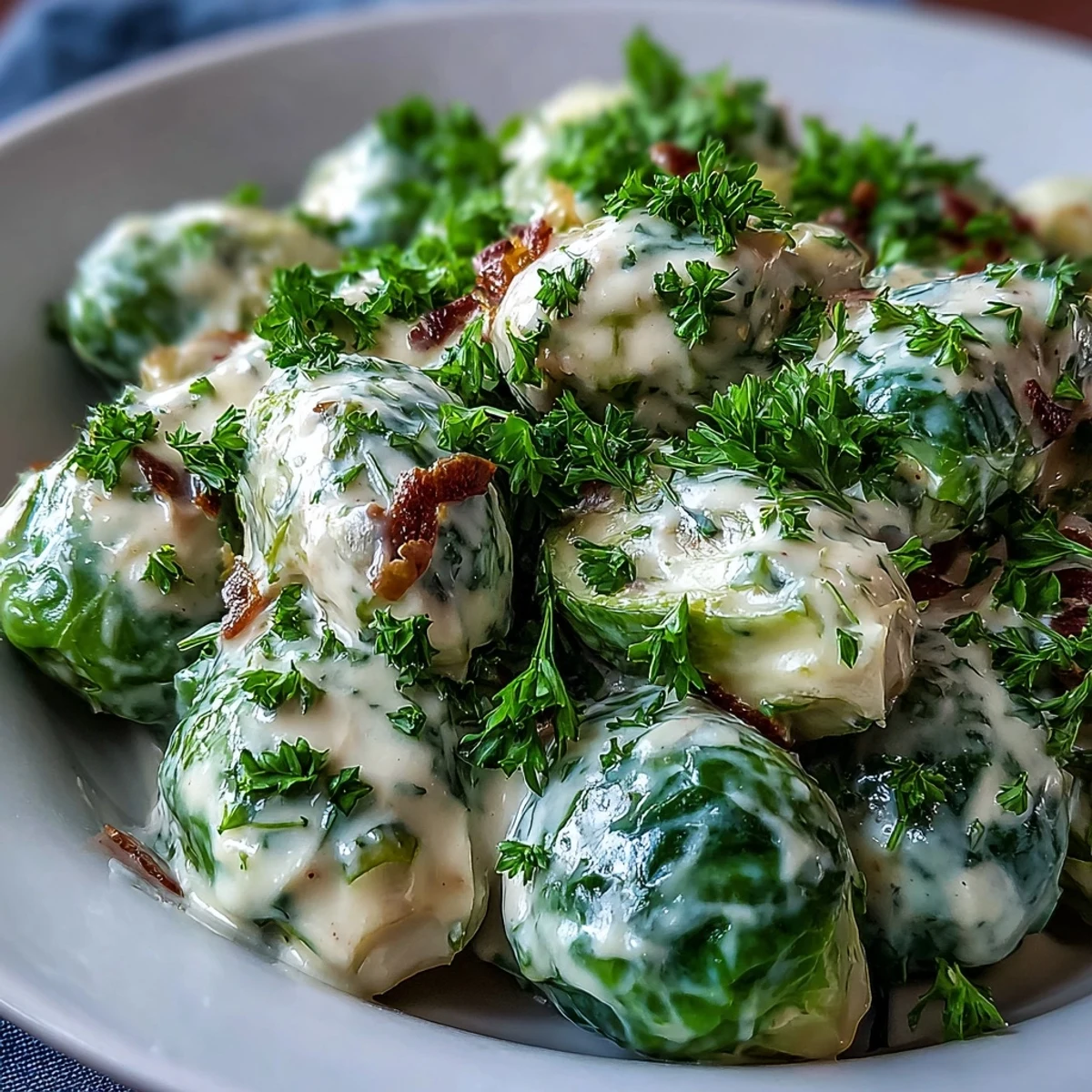 Freshly cooked Brussels sprouts nestled in a creamy Dijon mustard sauce, garnished with parsley and served warm in a skillet.