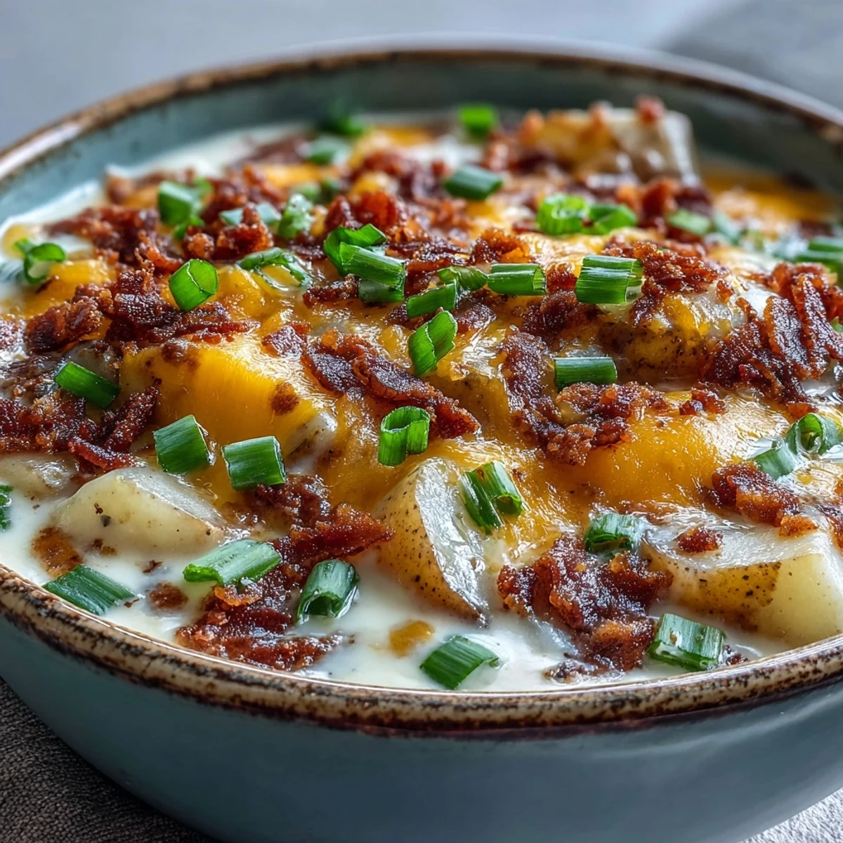 A close-up of rich Loaded Potato Soup with melted cheddar cheese and a dollop of sour cream, ready to be paired with a side of crusty bread.