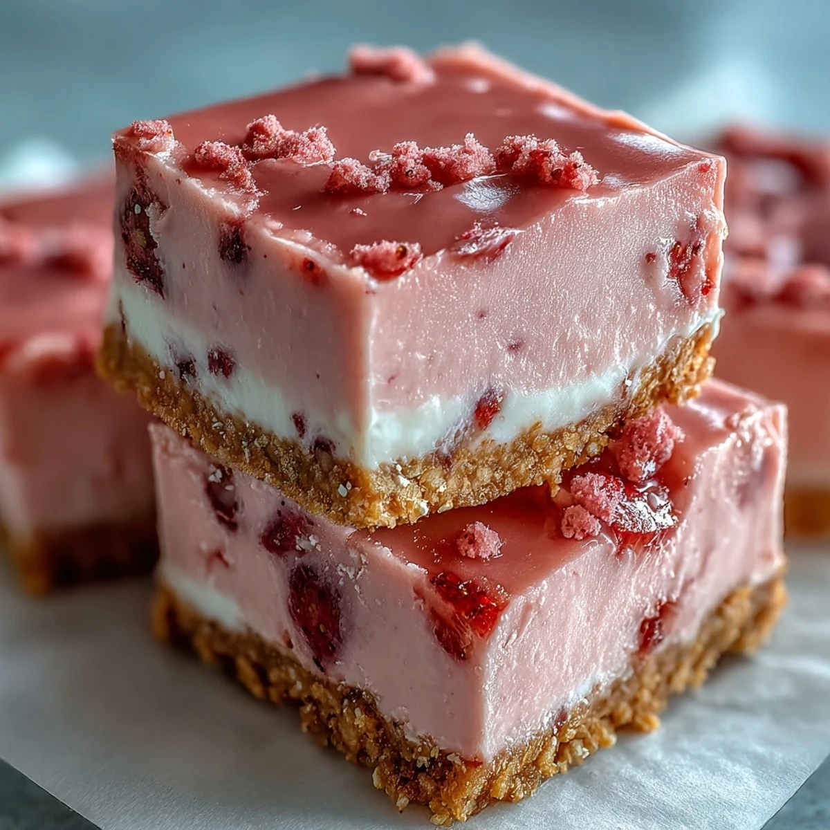 Creamy pink No-Bake Strawberry Fudge Squares on a graham crust, garnished with fresh strawberry slices.