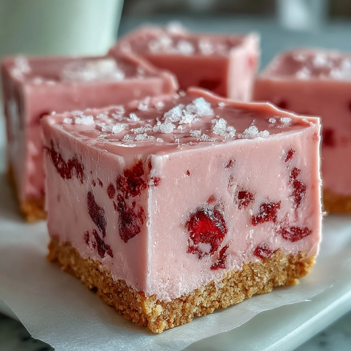 Easy homemade No-Bake Strawberry Fudge Squares cut into neat squares, topped with freeze-dried strawberry pieces.