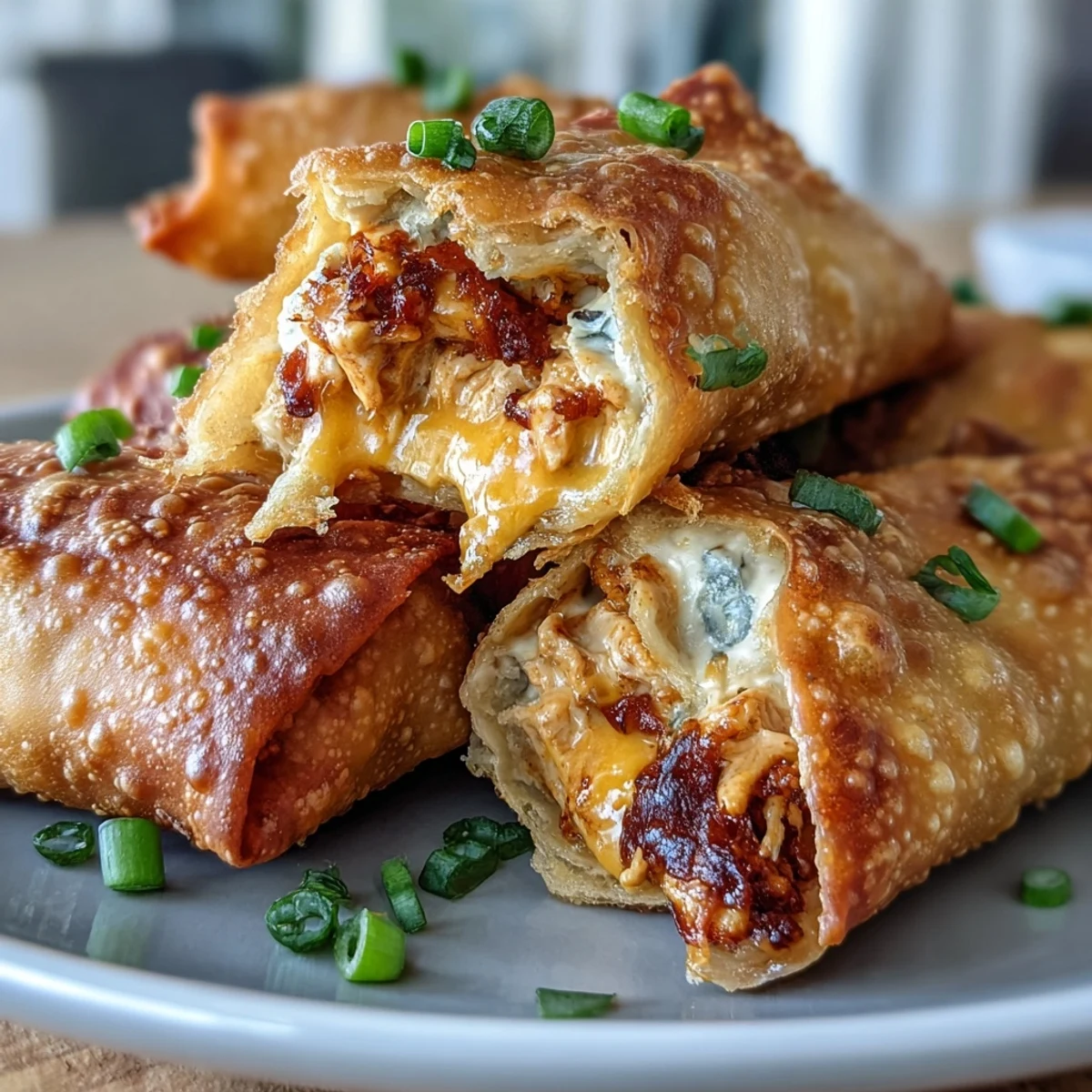 Basket of baked Buffalo Chicken Dip Egg Rolls served alongside crunchy celery sticks and buffalo sauce.
