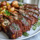A close-up of One-Pan Roast Rack of Lamb and Green Olive Potatoes, juicy sliced lamb served beside roasted potatoes studded with green olives.