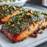 Freshly crusted Confit Salmon With Tahini, Pistachio and Herb Crust topped with vibrant herbs and finely chopped pistachios.
