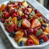 Vibrant spring fruit platter with strawberries, pineapple, and grapes, served with creamy honey-yogurt dipping sauce for a fresh and healthy appetizer.